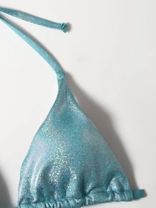 Metallic Triangle Tie Side Bikini Set - Blue - View 5