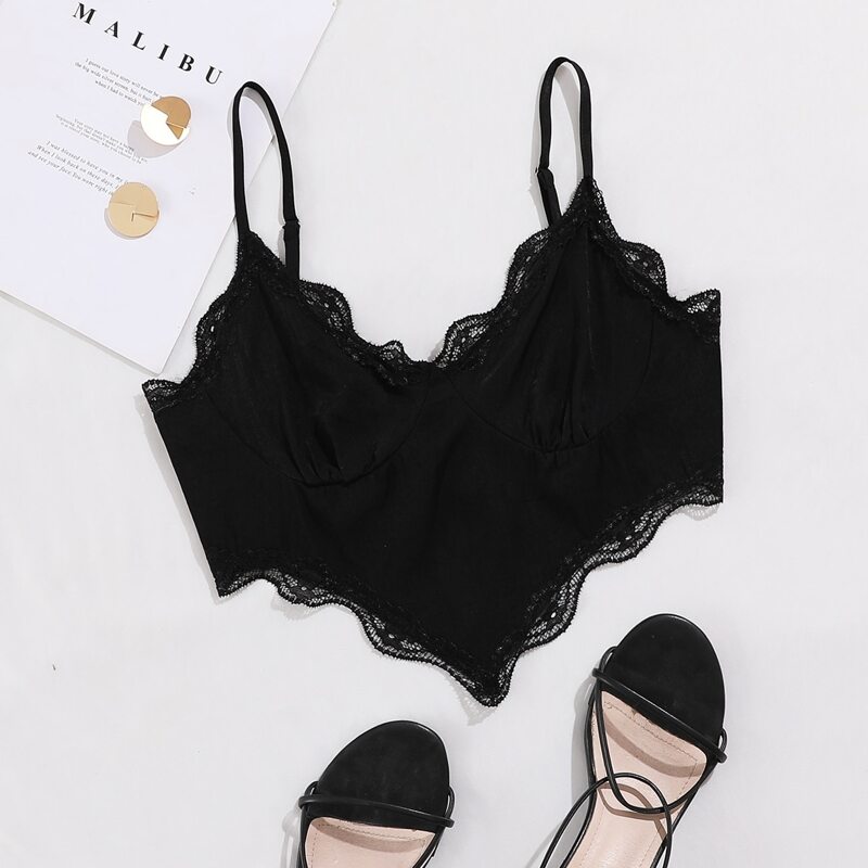 

Lace Trim Asymmetrical Hem Cami Top, Black