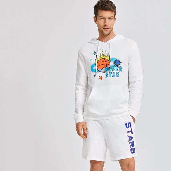 

Men Letter Graphic Drawstring Pouch Pocket Hoodie & Track Shorts Set, White