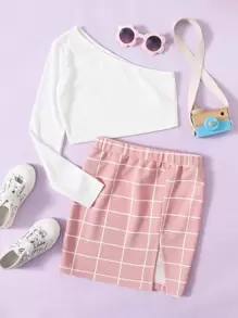 SHEIN Girls One Shoulder Rib-knit Top and Grid Skirt Set - Multicolor - View 1