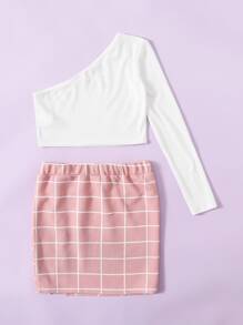 SHEIN Girls One Shoulder Rib-knit Top and Grid Skirt Set - Multicolor - View 2