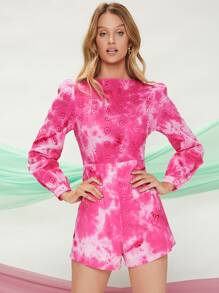 SHEIN 紮染泡泡袖棉布燒花連身短褲 - 粉色 - 查看 3