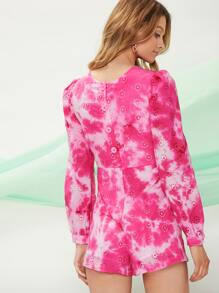 SHEIN 紮染泡泡袖棉布燒花連身短褲 - 粉色 - 查看 2