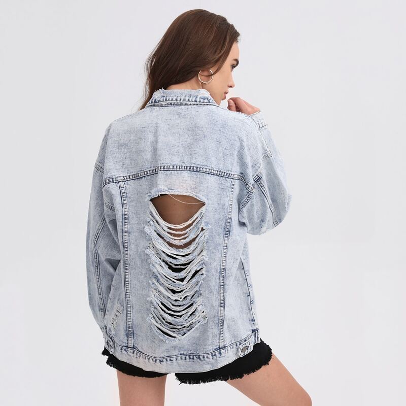 

Drop Shoulder Ripped Back Denim Jacket, Light wash