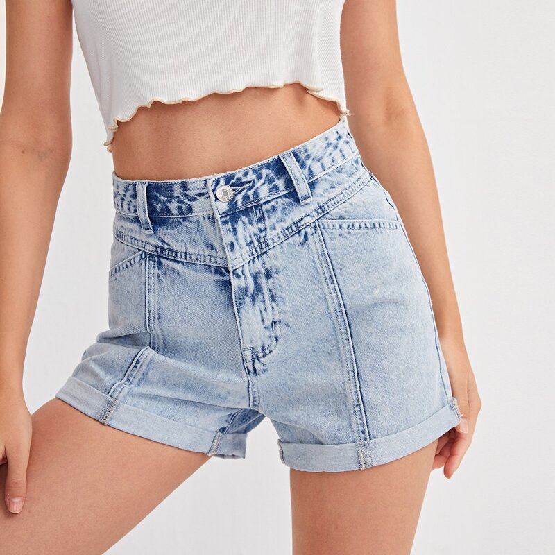 

High Waist Roll Hem Denim Shorts, Light wash