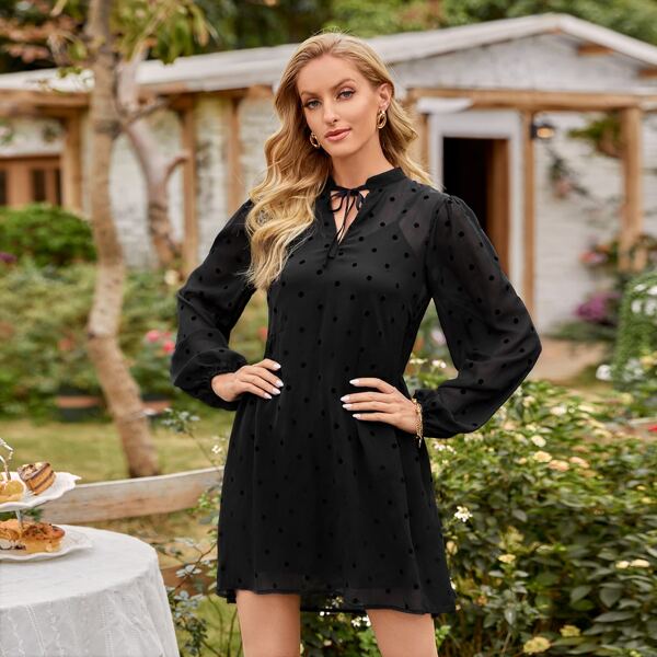 

Polka Dot Tie Neck Dress, Black