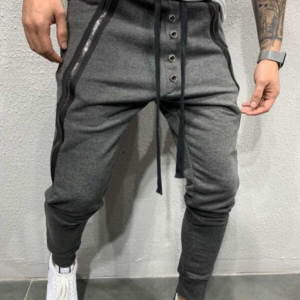

Men Zip & Button Detail Drawstring Sweatpants, Dark grey