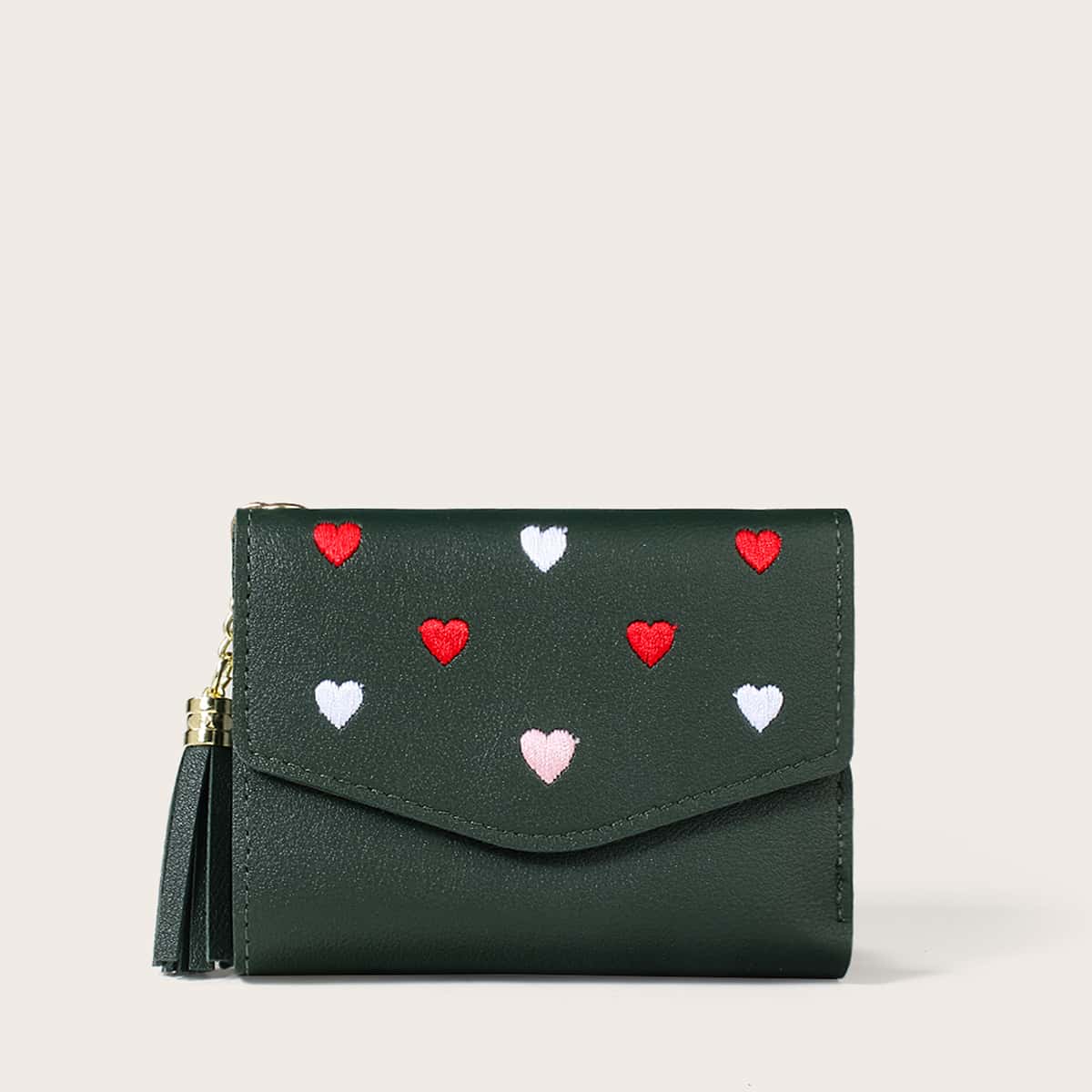 

Heart Embroidery Envelope Purse, Dark green
