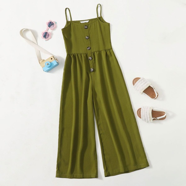 

Girls Button Front Wide Leg Cami Jumpsuit, Olive green