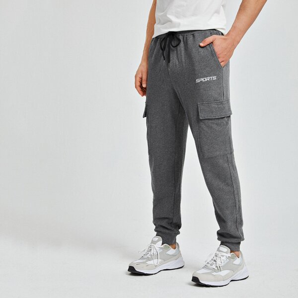 

Men Letter Graphic Drawstring Flap Pocket Joggers, Dark grey
