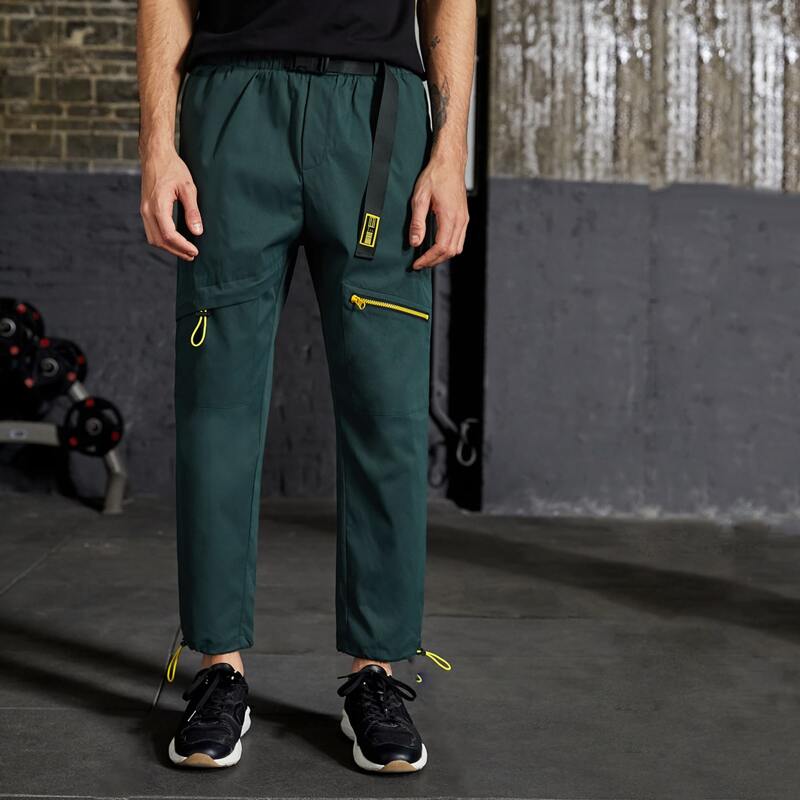 

Guys Zipper Drawstring Buckle Belted Pants, Dark green