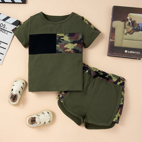 

Toddler Boys Color-block Camo Panel Tee & Track Shorts, Army green