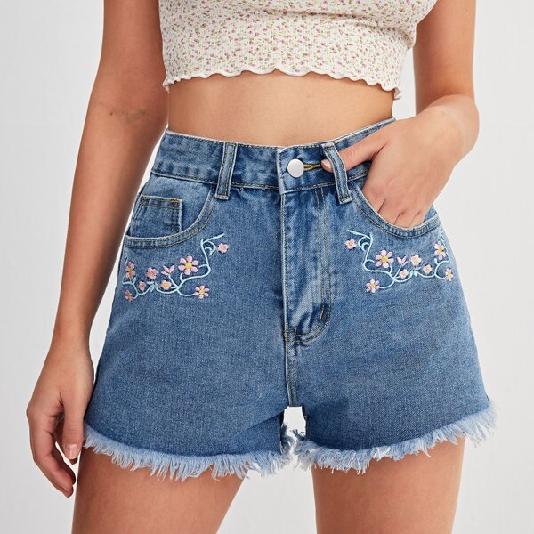 

High Waist Raw Hem Floral Embroidery Denim Shorts, Medium wash
