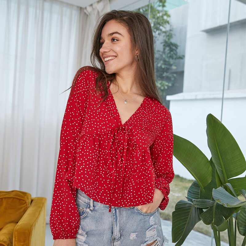 

Polka Dot Peplum Top, Red