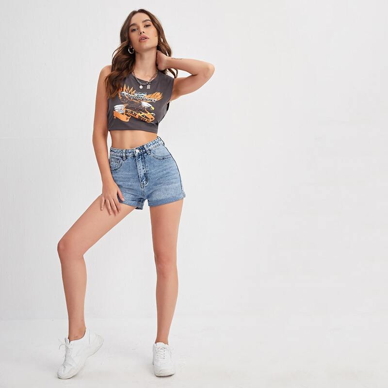 

High Waist Roll Hem Denim Shorts, Medium wash
