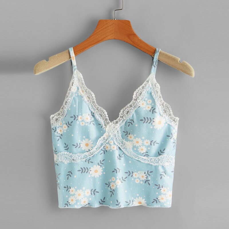 

Contrast Lace Ditsy Flower Crop Cami, Multicolor
