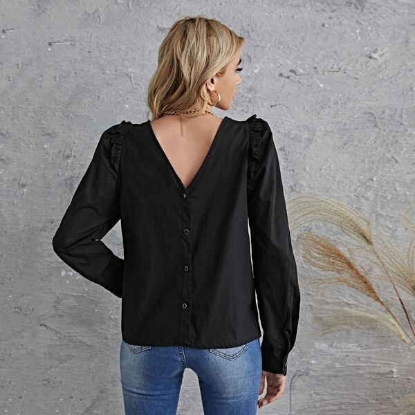 

Button Back Ruffle Trim Top, Black