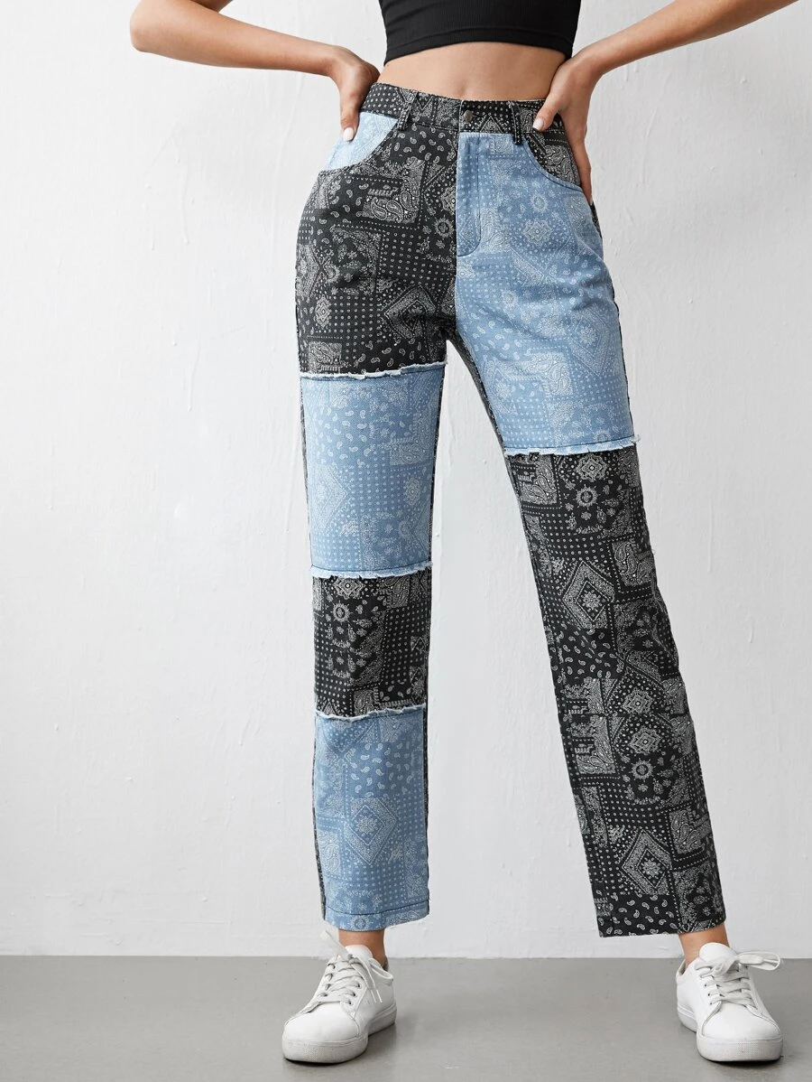 SHEIN Scarf Print Colorblock Pants