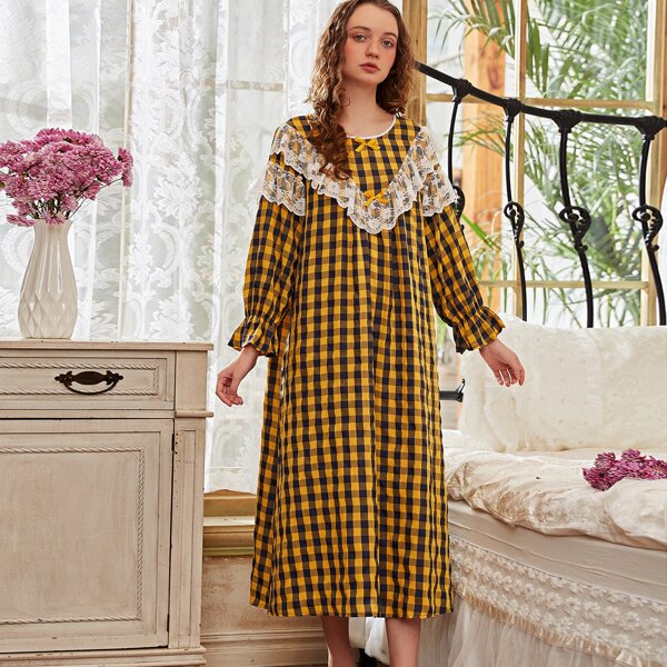 

Lace Panel Gingham Flounce Sleeve Night Dress, Multicolor