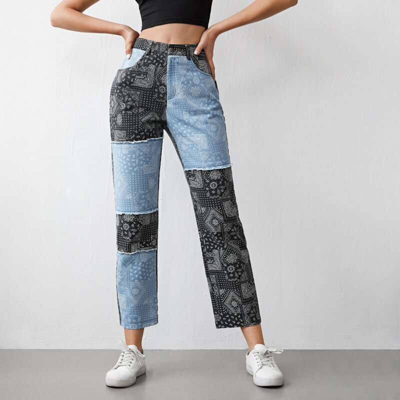 

Scarf Print Colorblock Pants, Multicolor