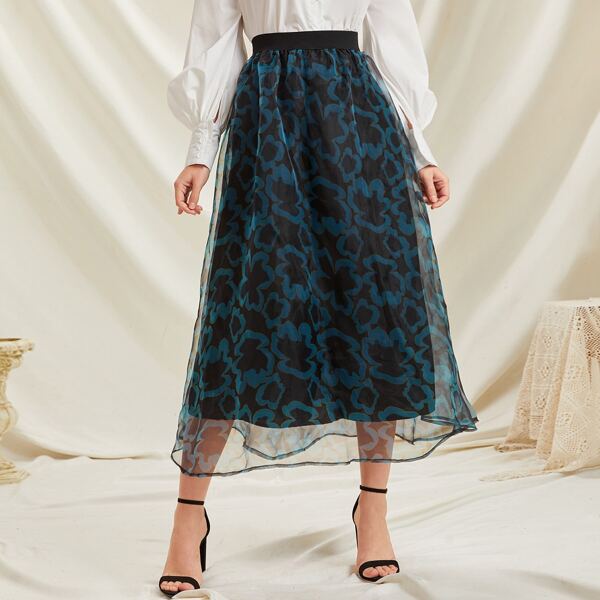 

Organza Overlay Graphic Print Skirt, Multicolor