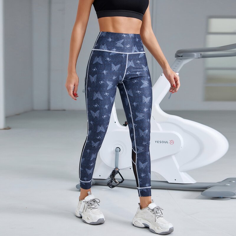 

Butterfly Print Mesh Panel Sports Leggings, Dusty blue