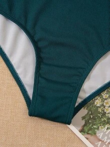 雙色鏤空繫帶肩連體泳裝 - 彩色 - 查看 4