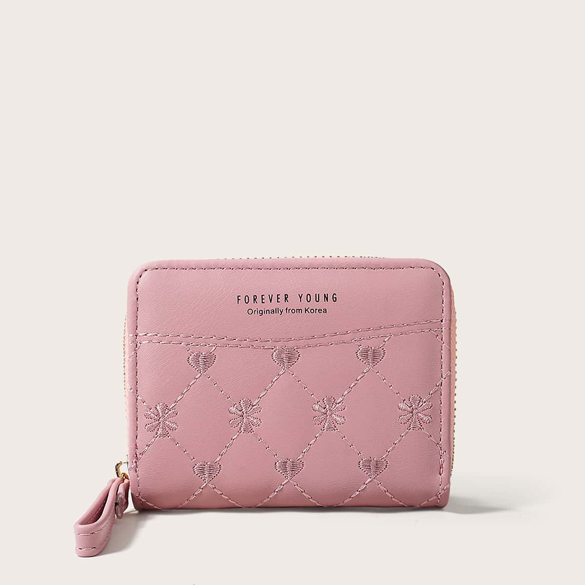 

Heart & Floral Embroidery Zip Purse, Baby pink