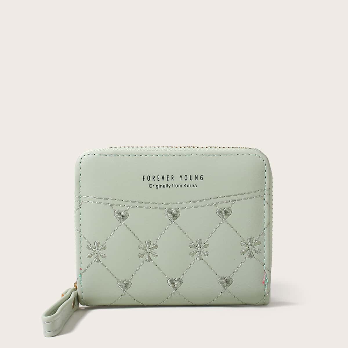

Heart & Floral Embroidery Zip Purse, Pastel mint green
