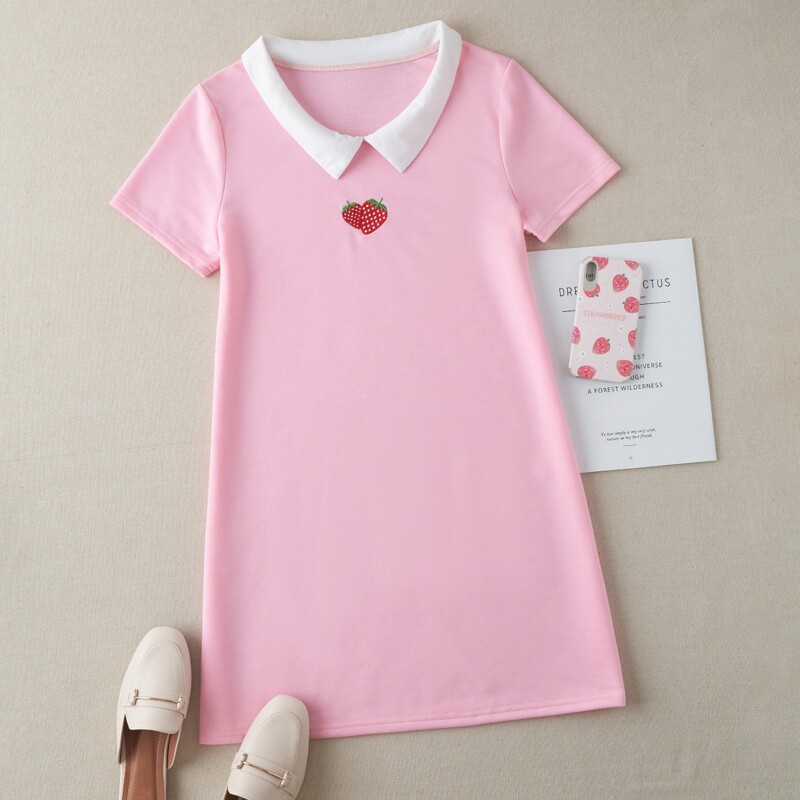 

Strawberry Embroidery Contrast Collar Dress, Baby pink