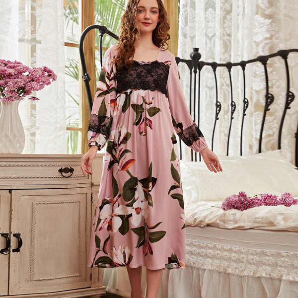 

Lace Panel Floral Print Night Dress, Multicolor
