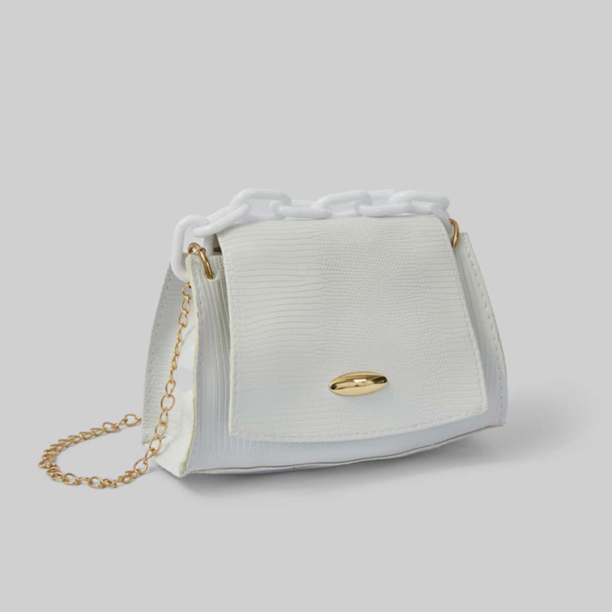 

Snake Embossed Chain Satchel Bag, White
