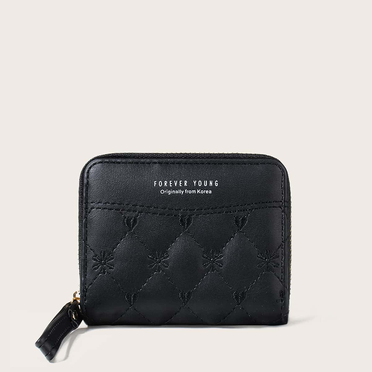 

Heart & Floral Embroidery Zip Purse, Black