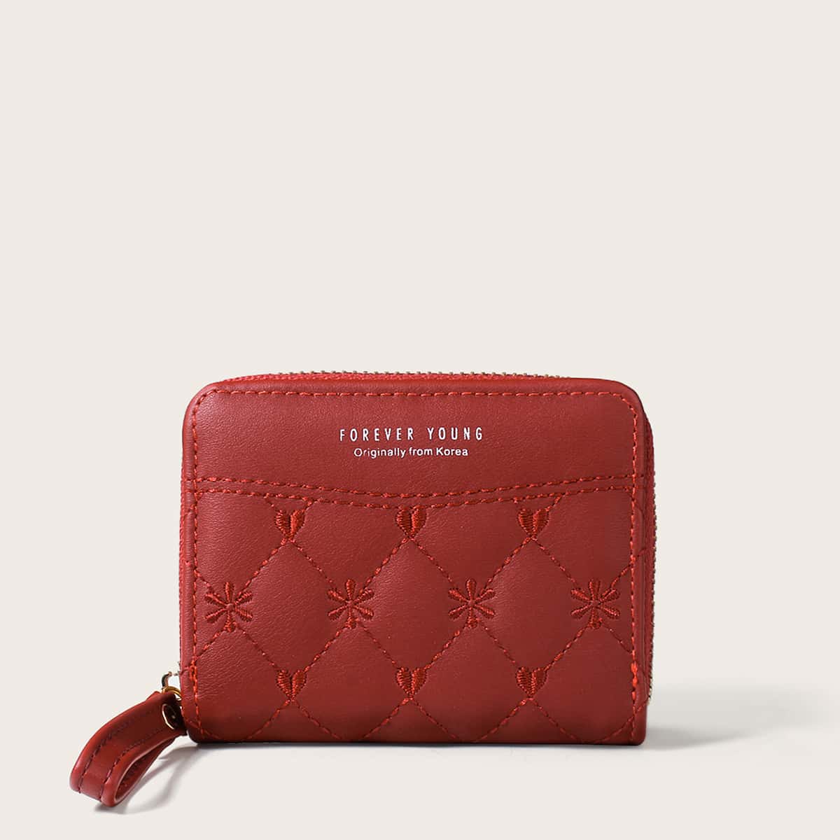 

Heart & Floral Embroidery Zip Purse, Rose red