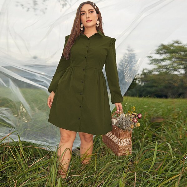 

Plus Ruffle Trim Shirt Dress, Army green