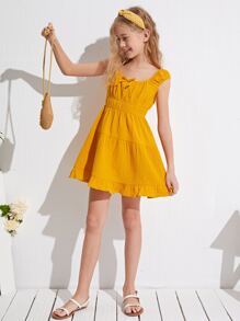 SHEIN Vestido bajo fruncido con nudo delantero - Mostaza Amarilla - Ver 3