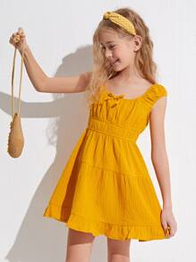 SHEIN Vestido bajo fruncido con nudo delantero - Mostaza Amarilla - Ver 5