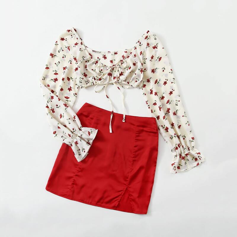 

Floral Crop Top & Bodycon Skirt, Red and white