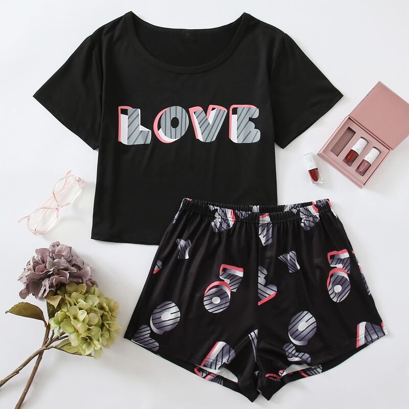 

Striped & Letter Graphic Pajama Set, Black