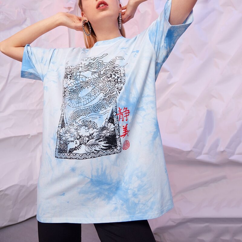 

Chinese Dragon Tie Dye Oversized Tee, Blue and white