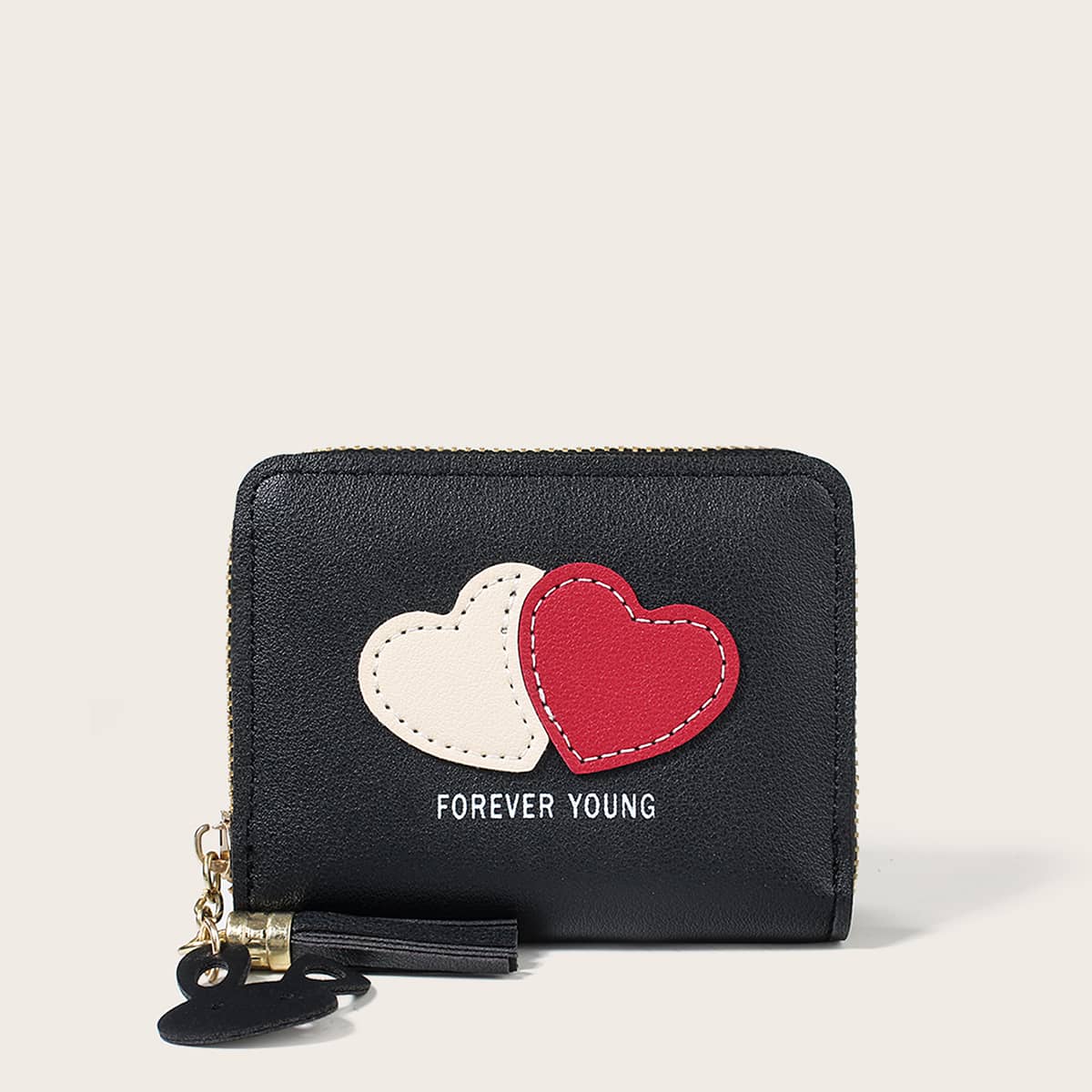 

Colorblock Heart Zip Around Purse, Black