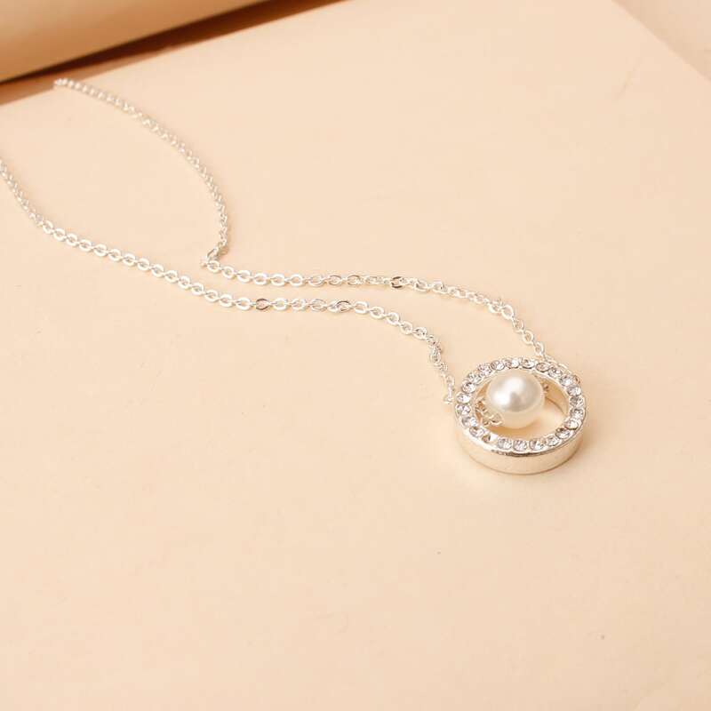 

Faux Pearl & Rhinestone Ring Pendant Necklace, Silver