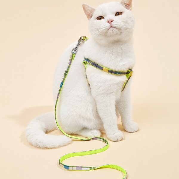 

1pc Plaid Pattern Pet Leash & 1pc Pet Harness Set, Green