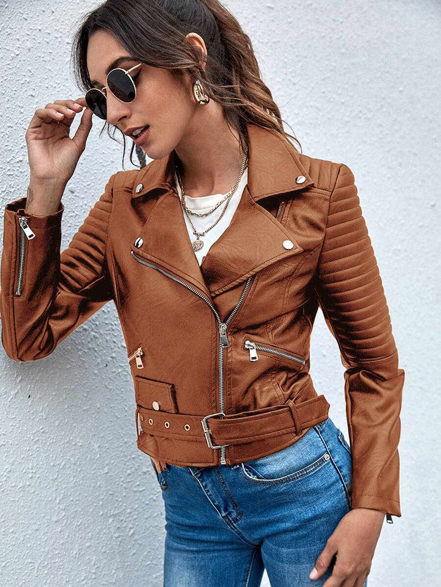 SHEIN Essnce 翻領腰帶拉鏈PU機車夾克 - 咖啡棕 - 查看 1