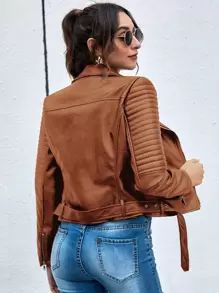SHEIN Essnce 翻領腰帶拉鏈PU機車夾克 - 咖啡棕 - 查看 2