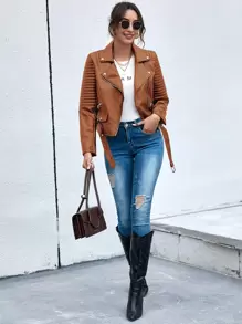 SHEIN Essnce 翻領腰帶拉鏈PU機車夾克 - 咖啡棕 - 查看 5