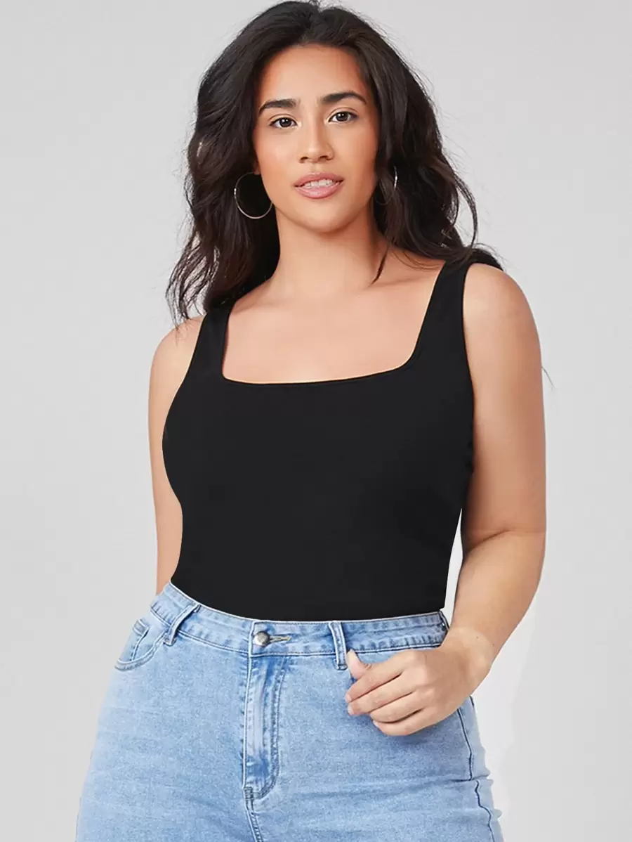 SHEIN BASICS Plus Cotton Solid Tank Top - Black - View 1