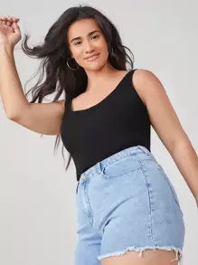 SHEIN BASICS Plus Cotton Solid Tank Top - Black - View 3