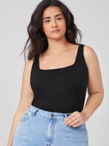 SHEIN BASICS Plus Cotton Solid Tank Top - Black - View 6