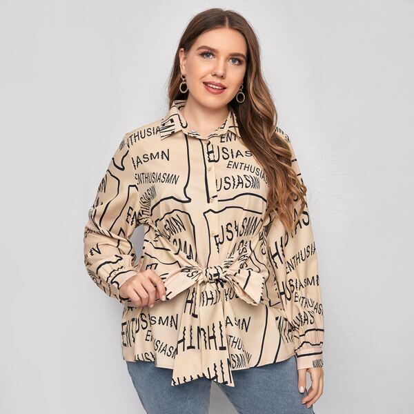 

Plus Tie Front Allover Letter Graphic Blouse, Multicolor